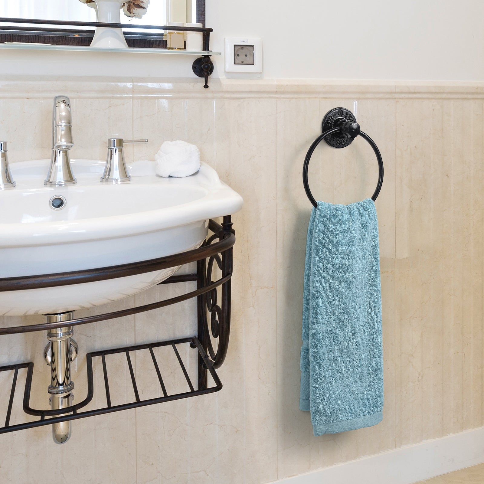 10-Piece Industrial Pipe Bathroom Hardware Set - Matte Black Towel Bar, Towel Ring, and Robe Hooks