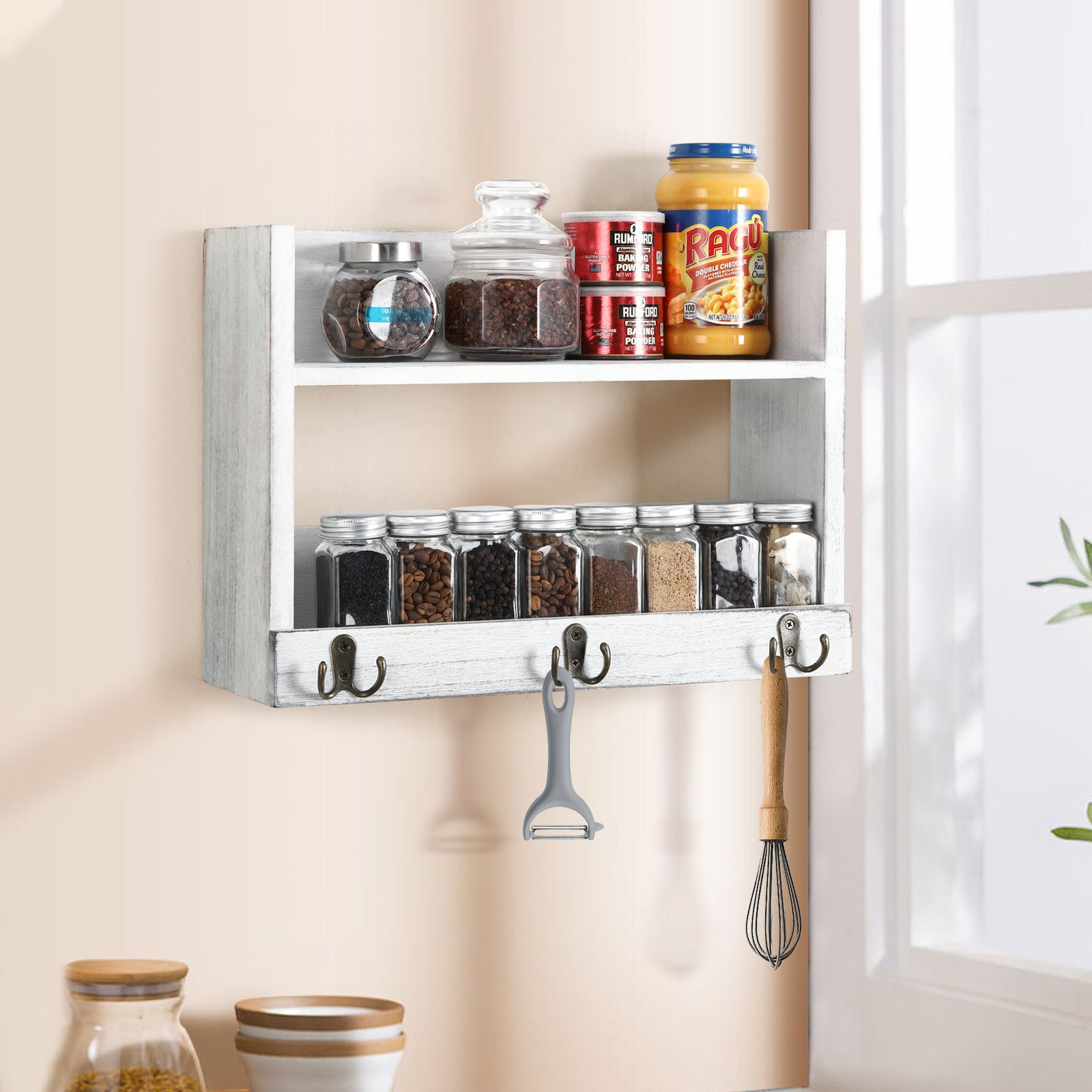 2 - Tier Wall - Mounted Pallet Shelves with 3 Dual Hooks - Key Holder, Mail Organizer & Coat Rack Rustic Grey - Green Finish, Ideal for Farmhouse Bedroom, Office or Entryway