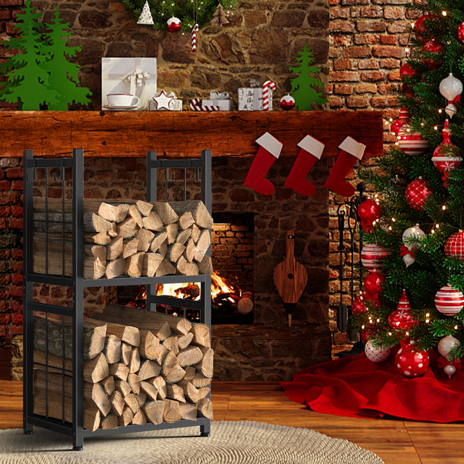 2-Tier Indoor Firewood Rack - Outdoor Log Holder w/ 4 Fireplace Tool Hooks, Black