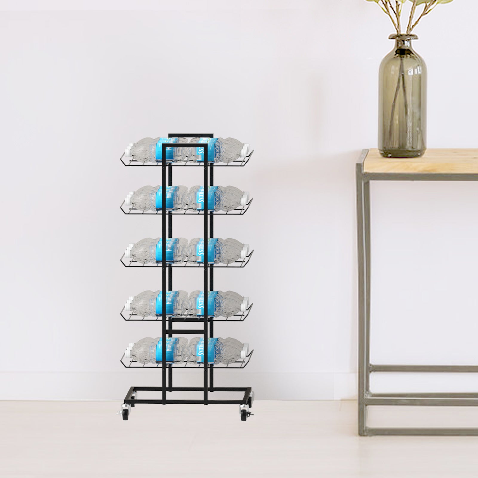 5 Tier Rolling Water Bottle Organizer Stand with Lockable Casters, Black Metal Beverage Bottle Storage Rack, Freestanding Water Bottle Holder for Kitchen Pantry Cabinet Garage