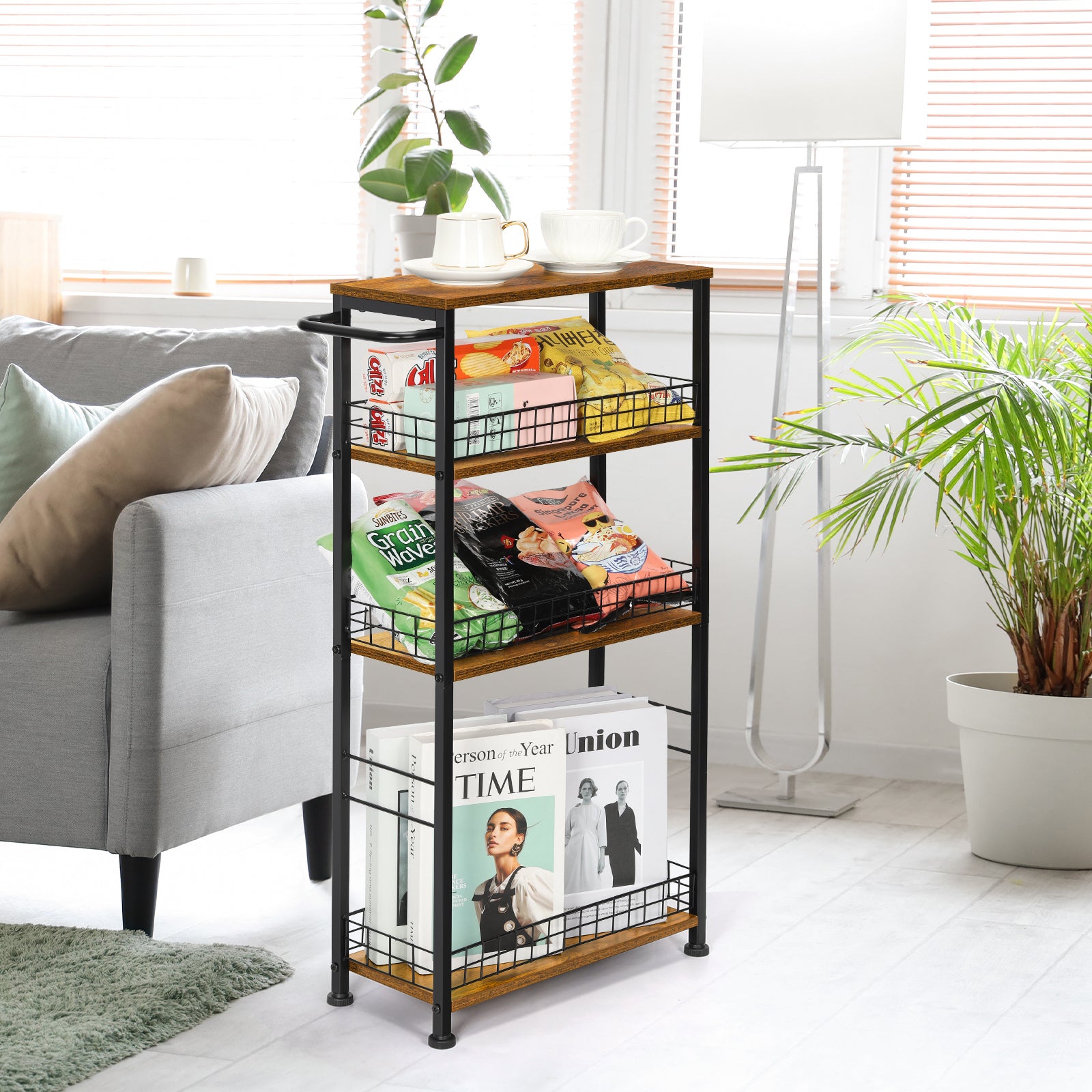 4-Tier Slim Rolling Cart | 7.3" Narrow Slide-Out Pantry Organizer with Rustic Wood Top