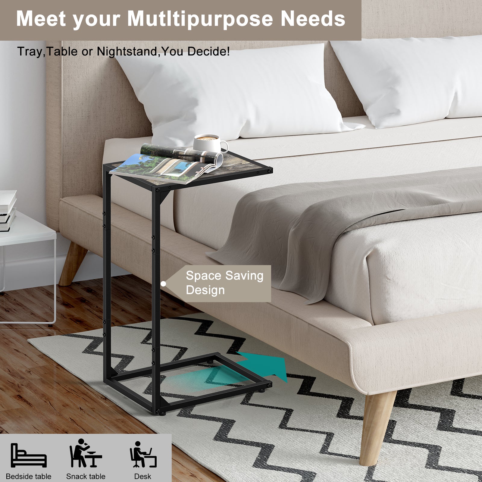 C-Shaped End Table, Snack Side Table Slide Under Sofa for Couch & Bed, Space Saving Sofa Table, Modern Gray,