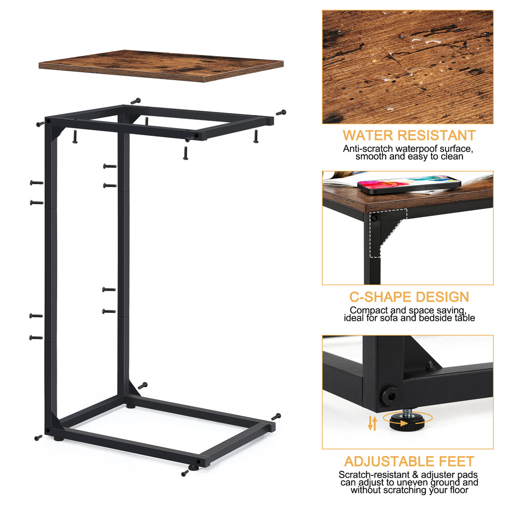 Set of 2 C-Shaped End Tables, Small Side Tables for Small Spaces, Rustic Brown Snack Tables for Couch & Bed,