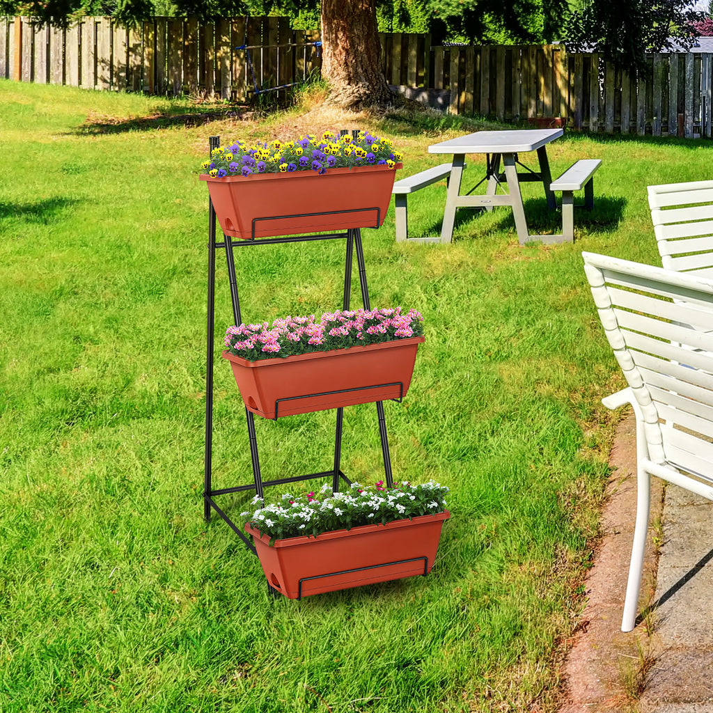 3-Tier Vertical Planter Stand with Drainage, Brick Red Elevated Garden Bed for Growing Herbs, Vegetables, and Flowers Outdoors