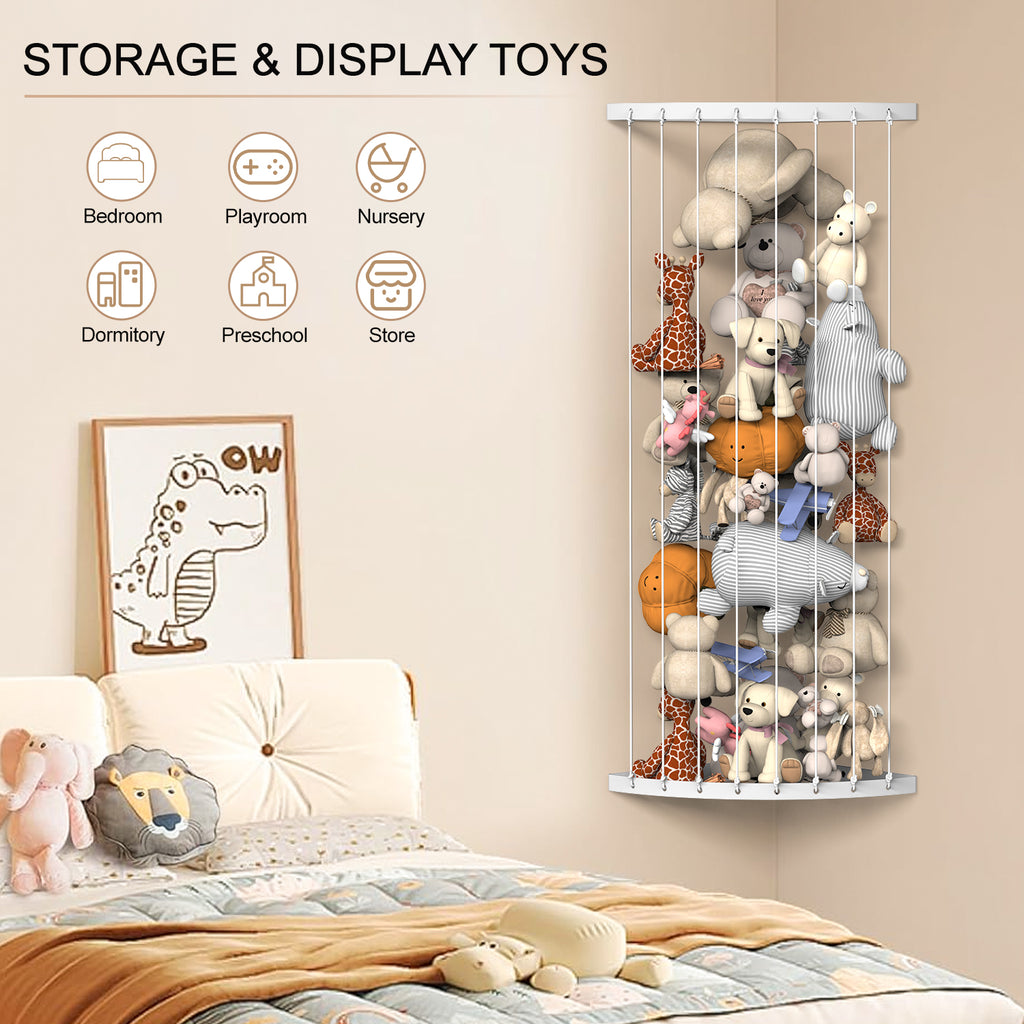 Corner Stuffed Animal Storage Zoo - Elastic Rope Plush Toy Organizer - Space-Saving Wall Mount for Kids Room,