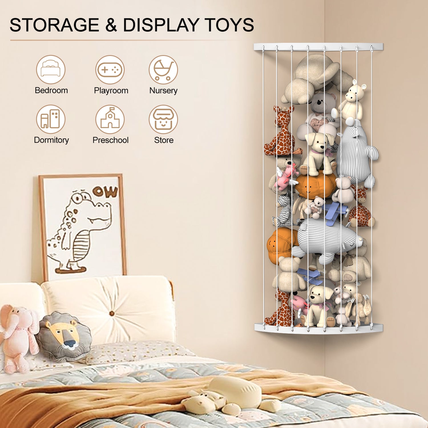 Corner Stuffed Animal Storage Zoo - Elastic Rope Plush Toy Organizer - Space-Saving Wall Mount for Kids Room,