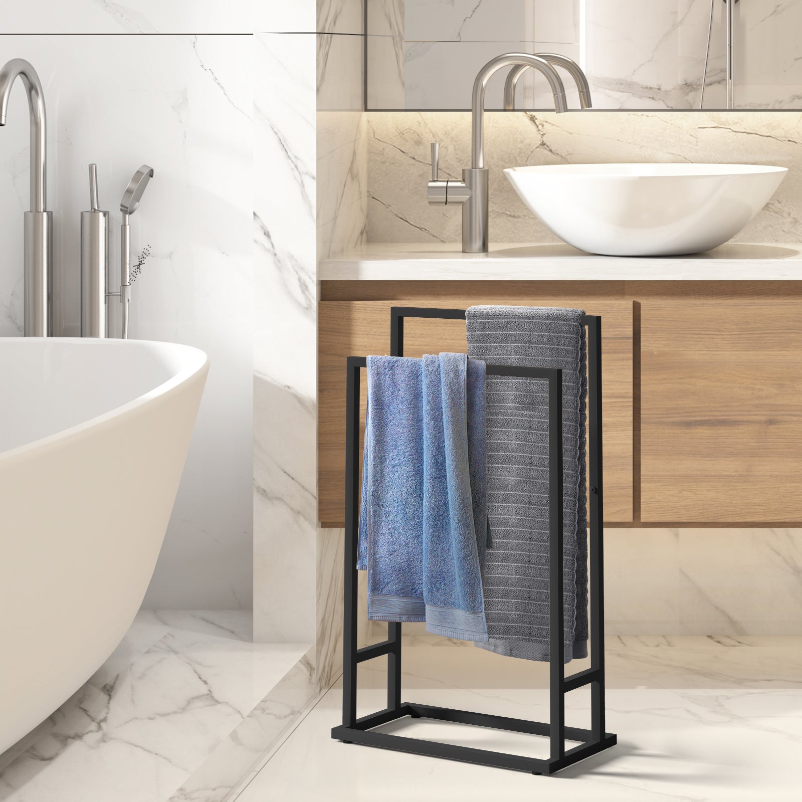 Matte Black Dual-Bar Towel Rack | Freestanding Hand Towel & Blanket Drying Stand