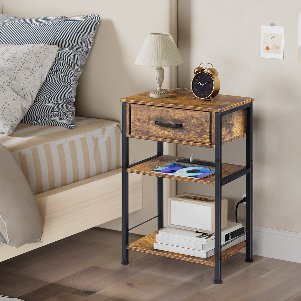 3-Tier Nightstand with Charging Station & Fabric Drawer, Rustic Brown Bedside Table for Living Room & Small Spaces,