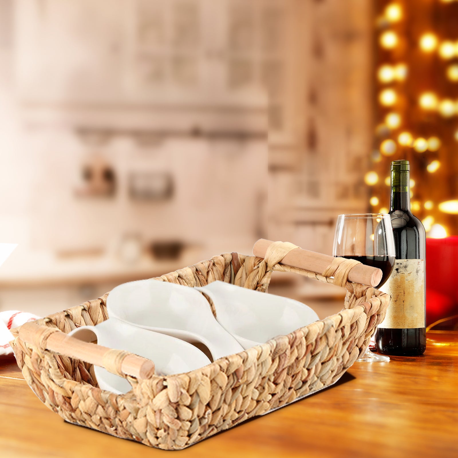 Handwoven Bathroom Storage Baskets with Wood Handles, Natural Water Hyacinth Organizer for Shelves, Closet, and Bedroom,