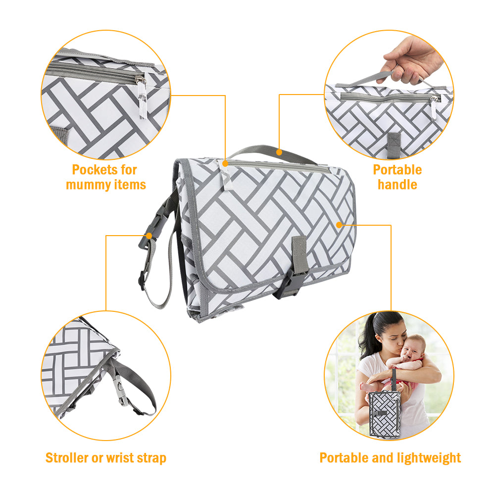 Portable Diaper Changing Pad with Built-in Storage - Foldable Travel Changing Mat for Babies, Grey Pattern
