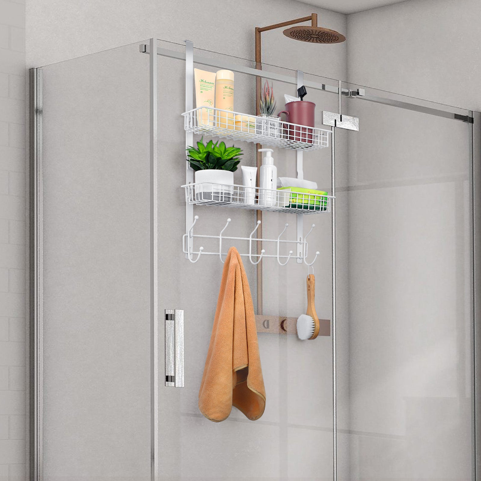 Over The Door Hanger with 2 Mesh Baskets & 5 Hooks - White Detachable Storage Rack