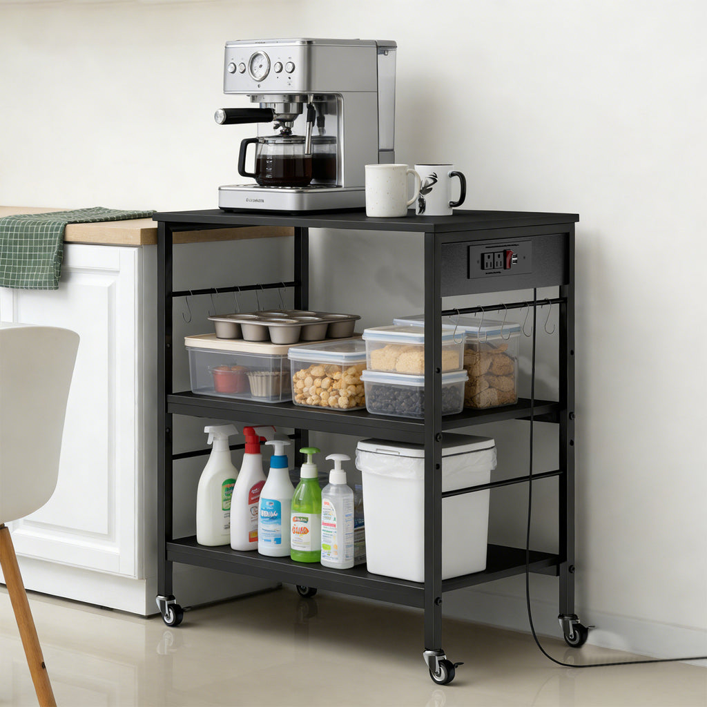 3-Tier Rolling Baker's Rack - Kitchen Microwave Stand with Power Outlets & 10 Hanging Hooks, Black,