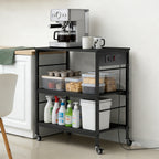 3-Tier Rolling Baker's Rack - Kitchen Microwave Stand with Power Outlets & 10 Hanging Hooks, Black,