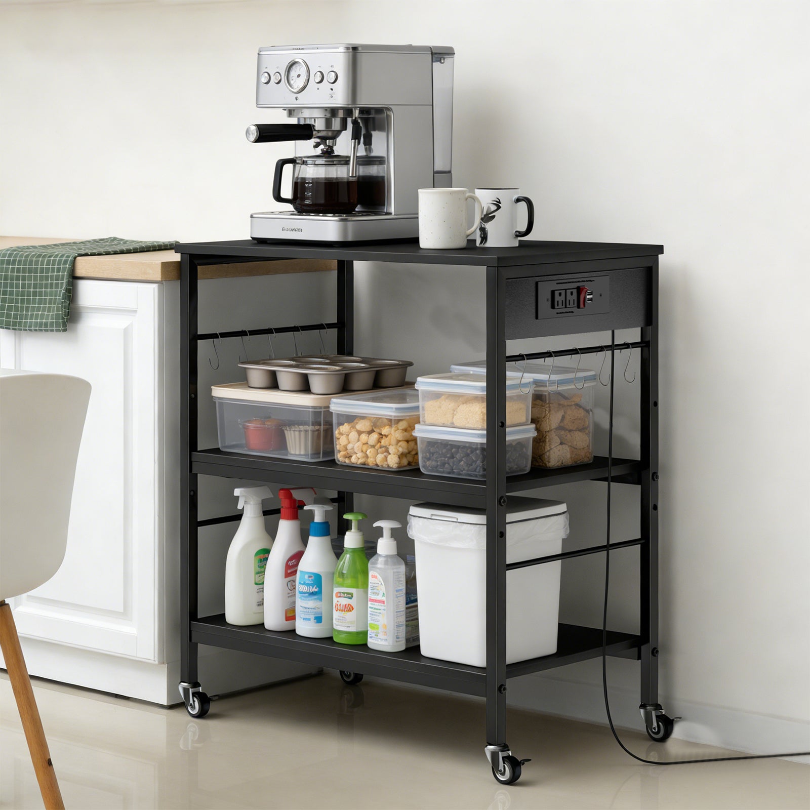 3-Tier Rolling Baker's Rack - Kitchen Microwave Stand with Power Outlets & 10 Hanging Hooks, Black,
