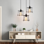 Farmhouse 3-Light Pendant Light Fixtures, Adjustable Industrial Hanging Pendant Lighting for Kitchen Island, Vintage Black Metal Cage Pendant Ceiling Lamp for Dining Room Bedroom