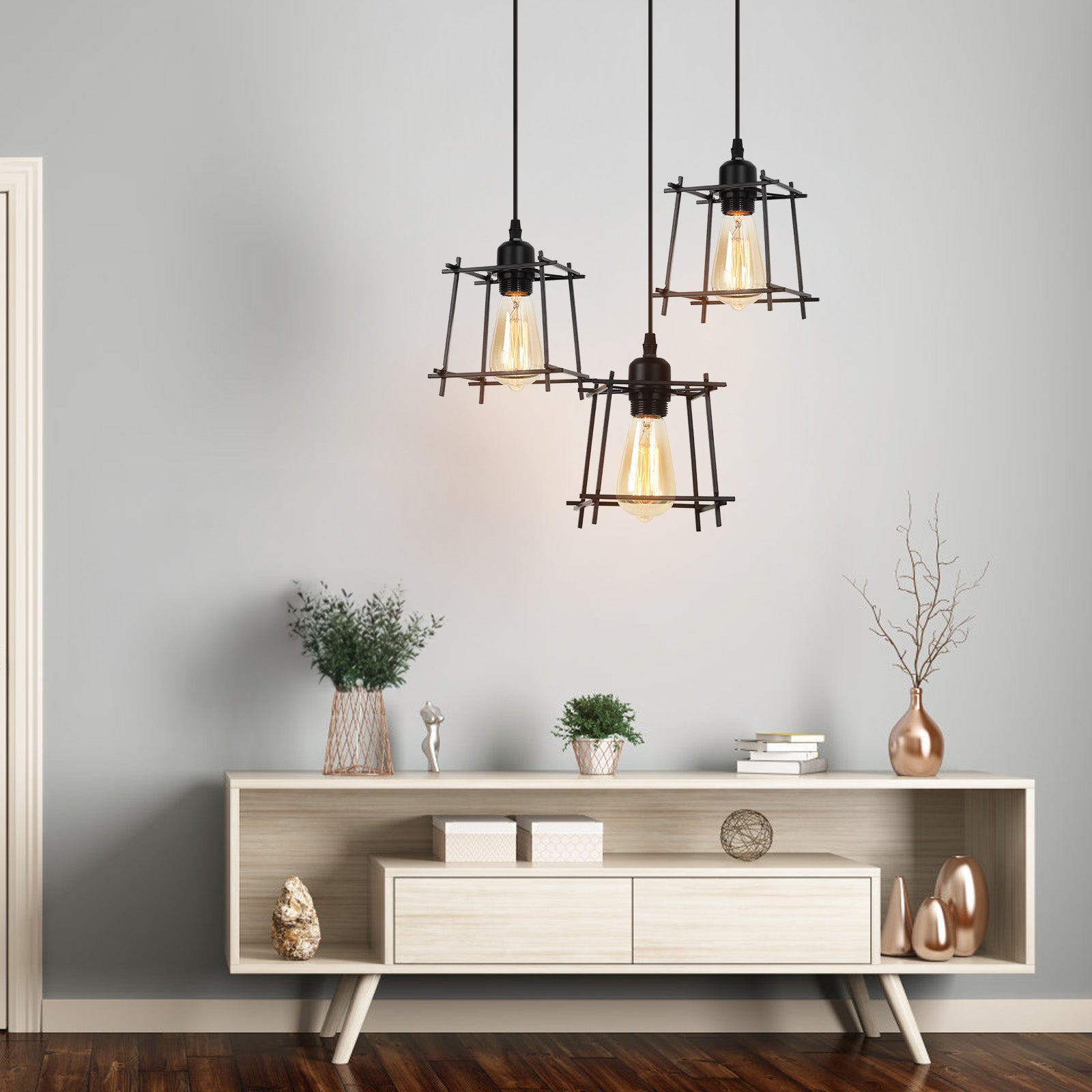Farmhouse 3-Light Pendant Light Fixtures, Adjustable Industrial Hanging Pendant Lighting for Kitchen Island, Vintage Black Metal Cage Pendant Ceiling Lamp for Dining Room Bedroom