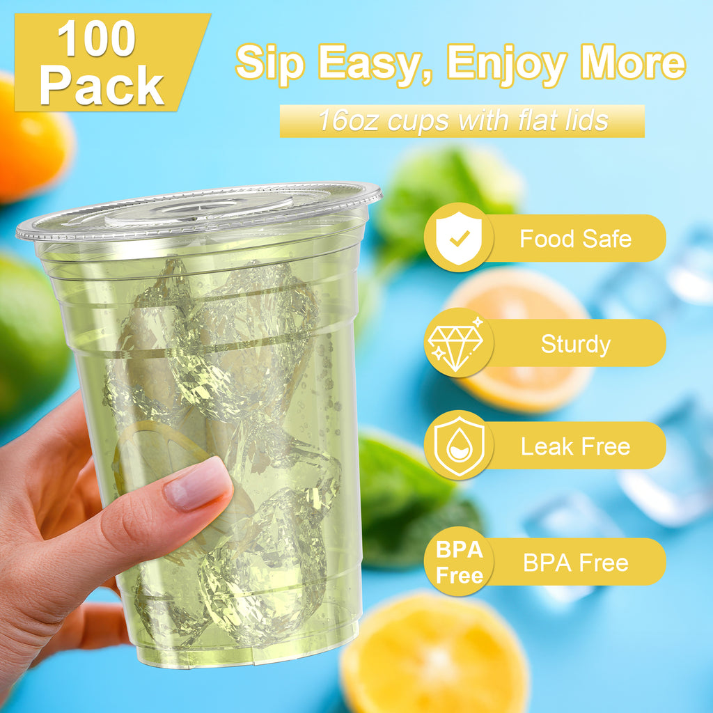 100-Pack 16oz/20oz/24oz Clear Plastic Cups with Lids & Straws - Leak-Proof Disposable Cups for Iced Coffee, Smoothies & Boba Tea