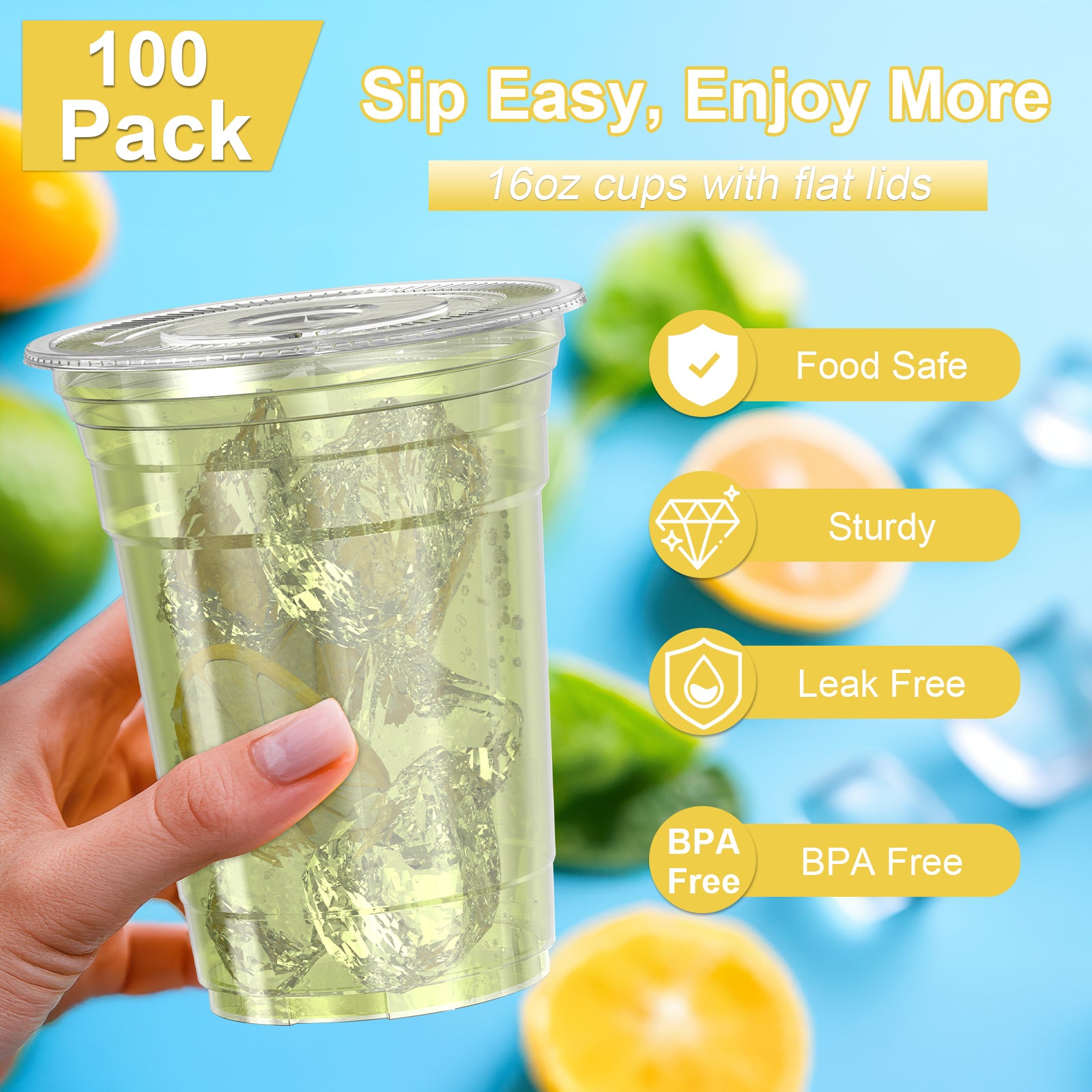 100-Pack 16oz/20oz/24oz Clear Plastic Cups with Lids & Straws - Leak-Proof Disposable Cups for Iced Coffee, Smoothies & Boba Tea