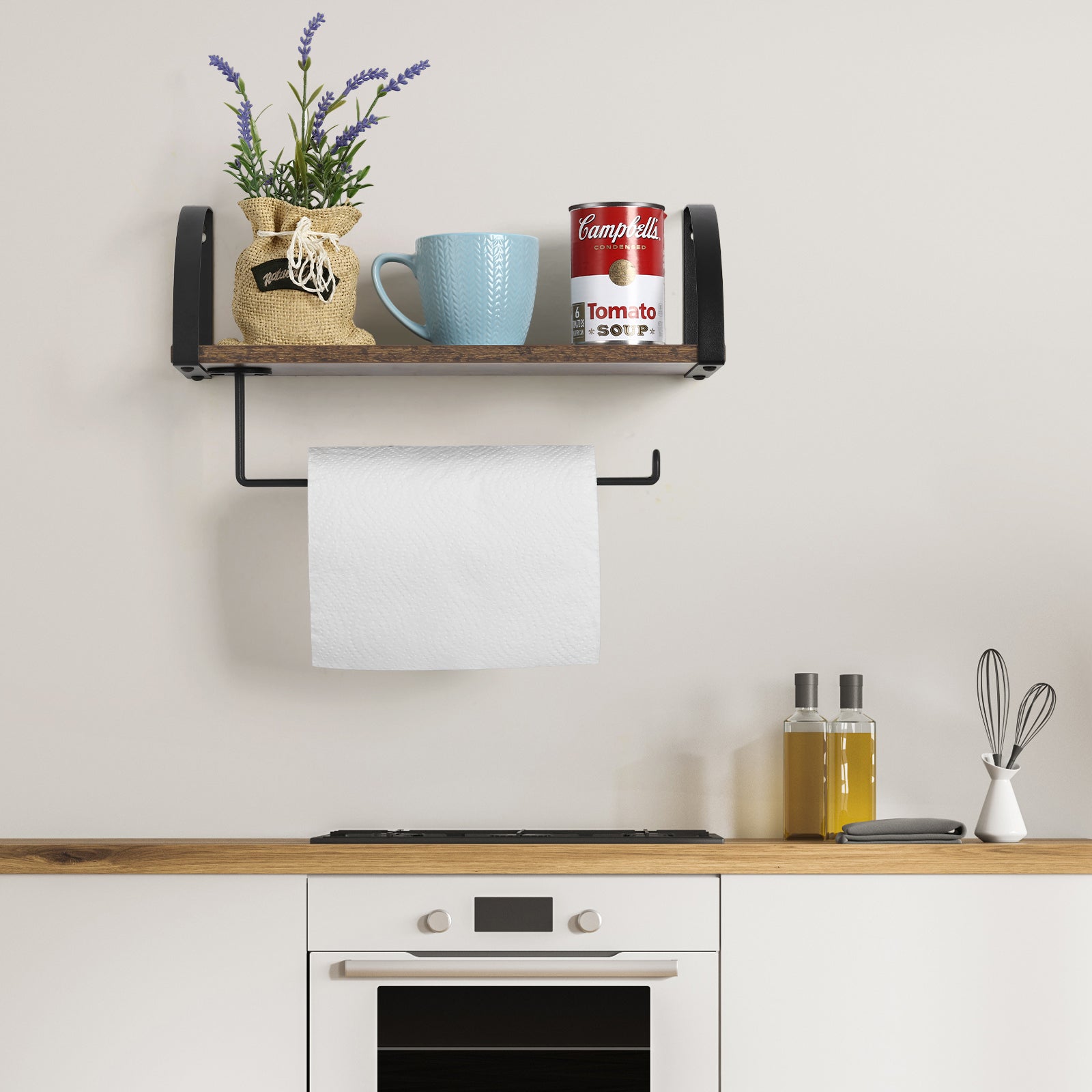 Wall-Mounted Wood Paper Towel Holder with Shelf - Farmhouse Kitchen Under-Cabinet Rack - Rustic Spice Organizer & Bathroom Towel Storage