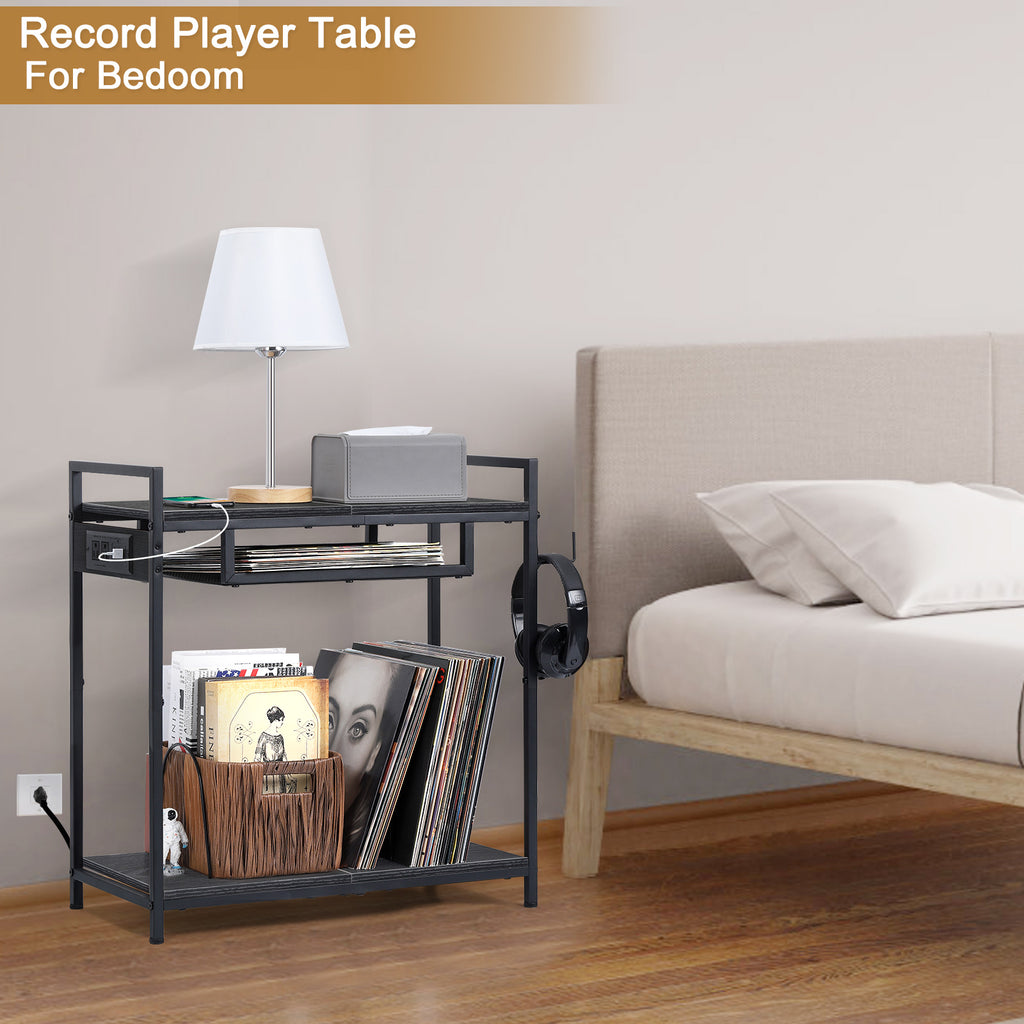 Record Player Stand, Turntable Stand with Charging Station, 3 Tier Record Player Table with 4 Quick-Release Divider, Vinyl Record Stand Storage with 4 Wheels, for Bedroom Living Room and Office, Gray