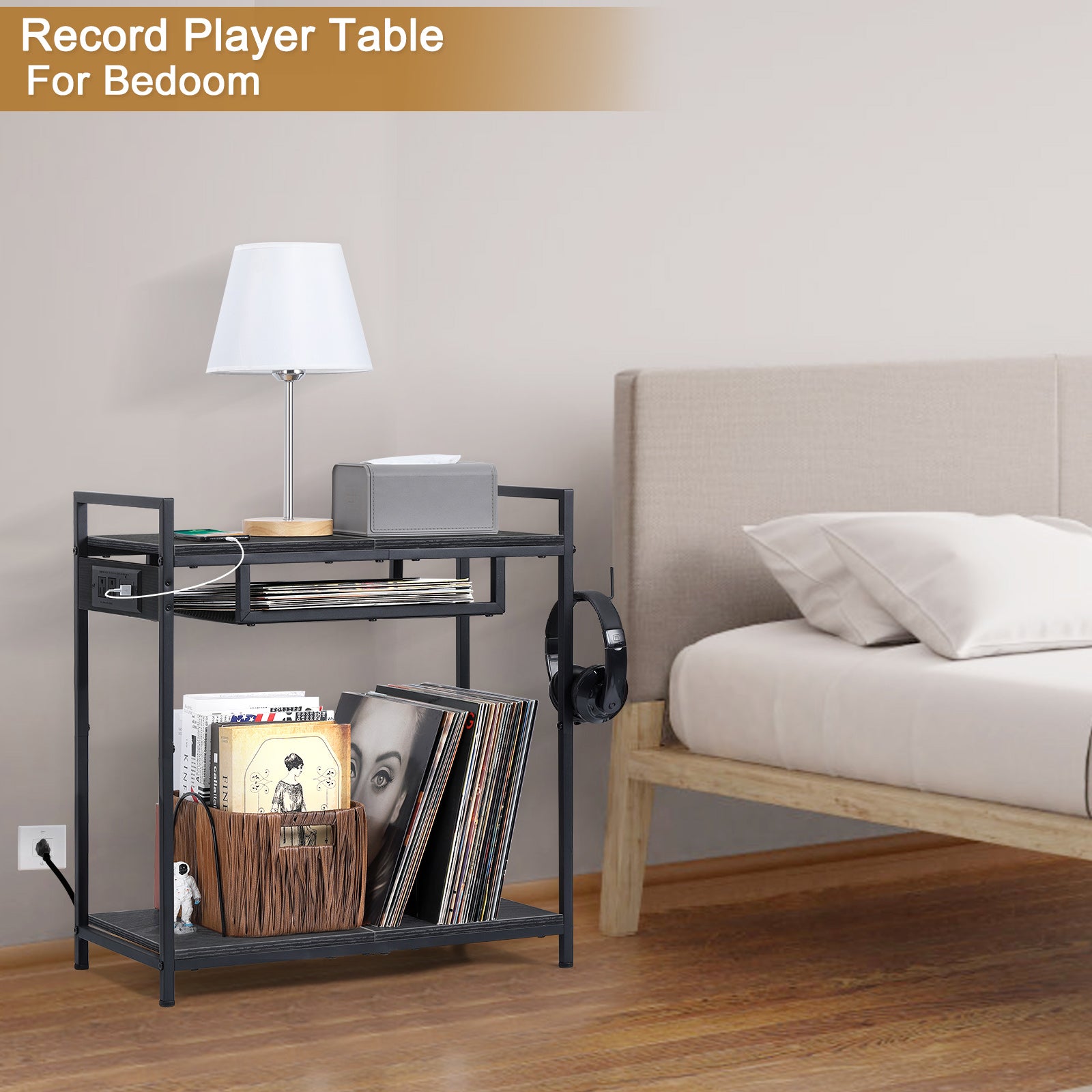 Record Player Stand, Turntable Stand with Charging Station, 3 Tier Record Player Table with 4 Quick-Release Divider, Vinyl Record Stand Storage with 4 Wheels, for Bedroom Living Room and Office, Gray