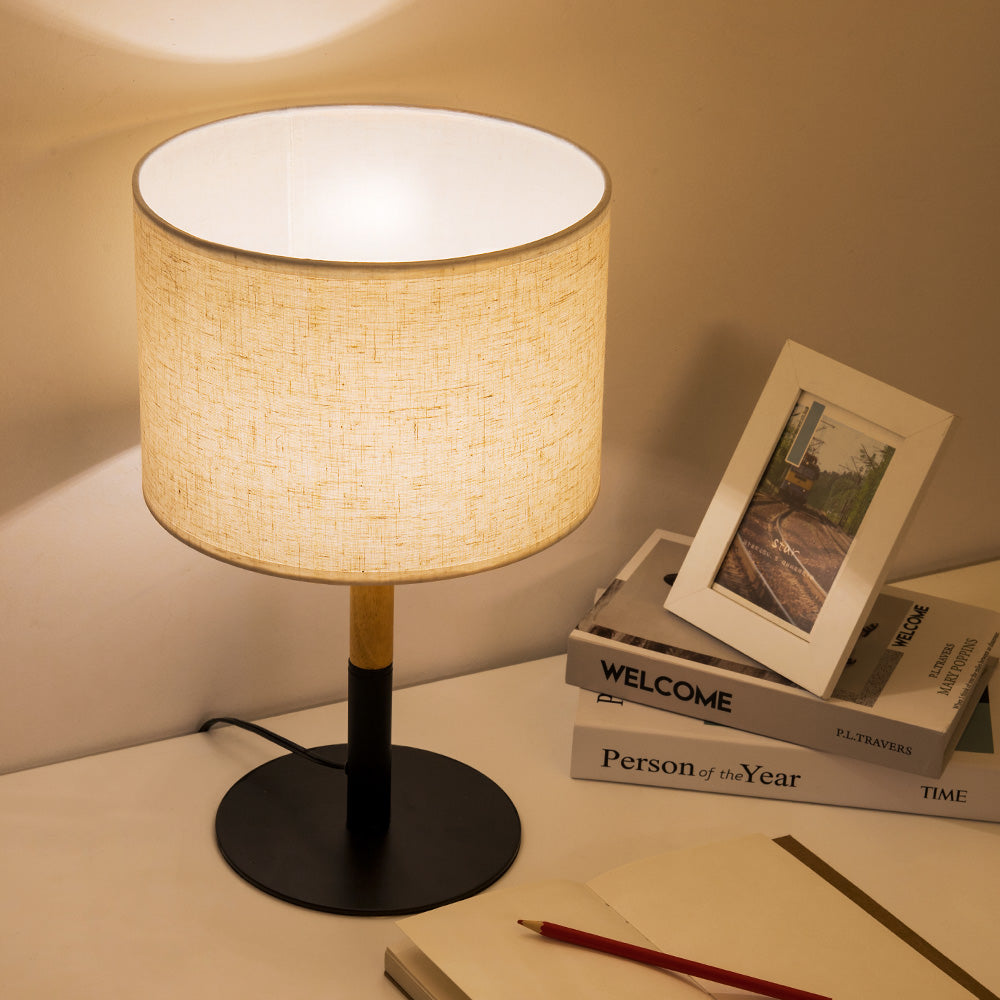 Compact Bedside Lamp with White Fabric Shade, Wood and Black Metal Base, Versatile Desk Light for Bedroom or Home Office