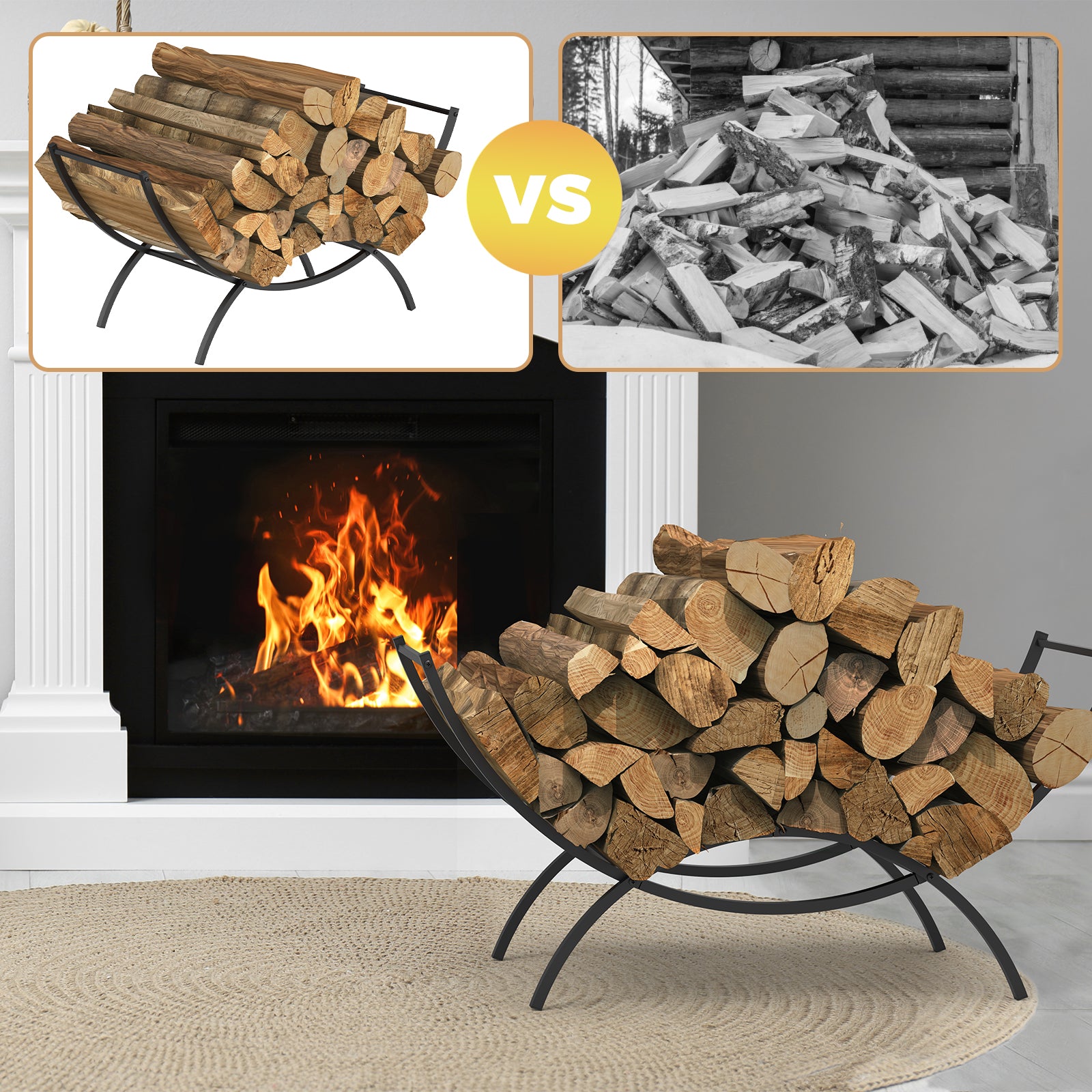 37 Inch Heavy Duty Log Rack for Fireplace Storage, Weather Resistant Metal Wood Stack Holder for Indoor and Outdoor Use