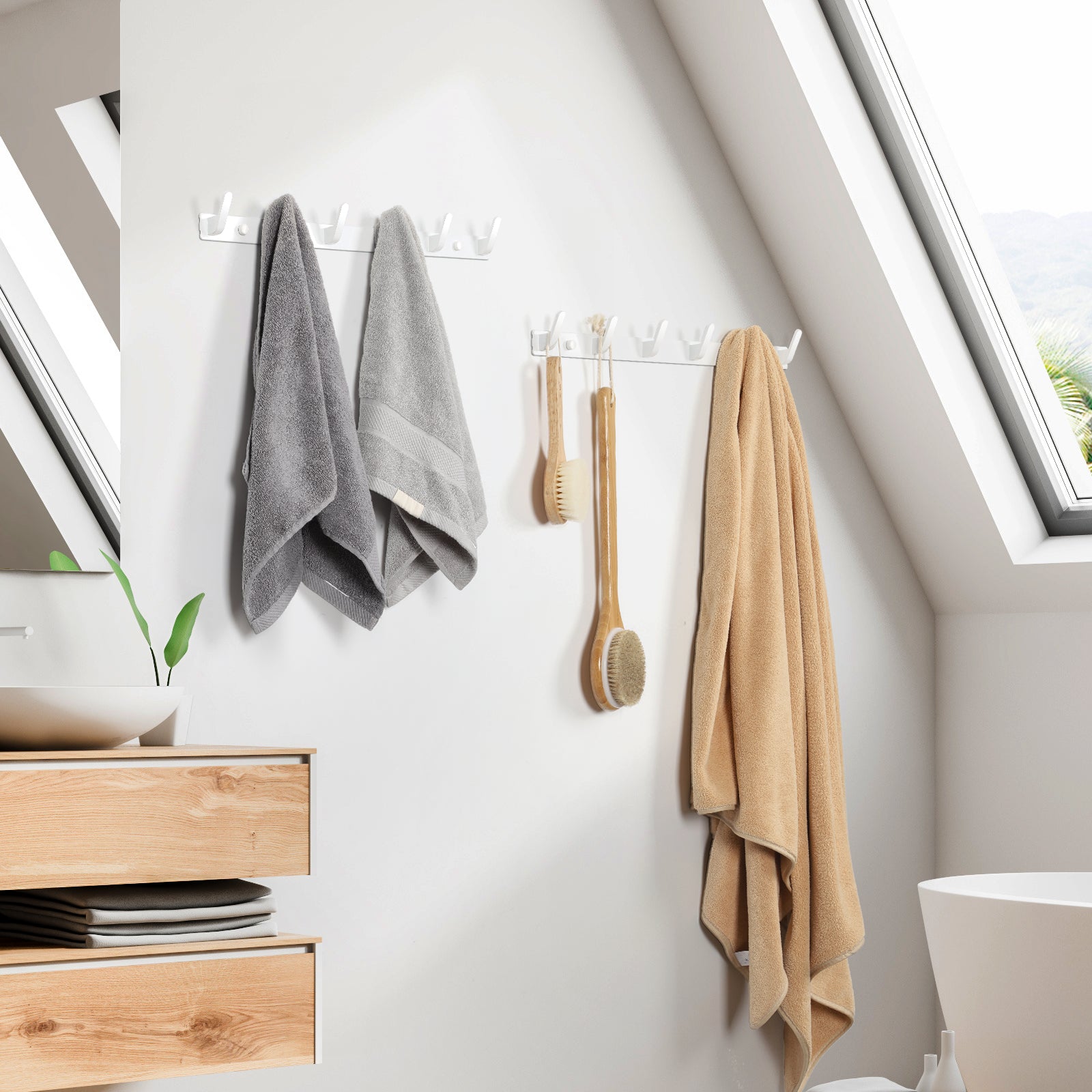 Set of 6 White Adhesive Wall Hooks for Bathroom and Kitchen, Heavy Duty Rustic Style Towel and Coat Hangers, Simple Installation