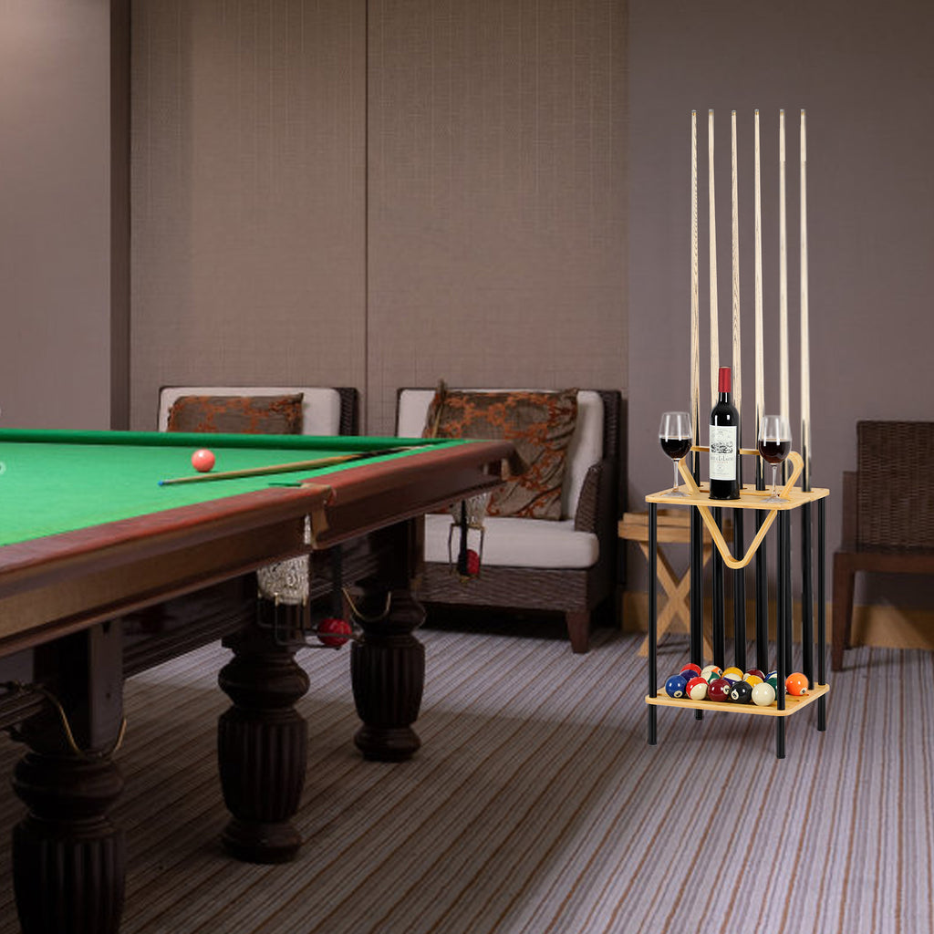 Premium Wooden Pool Cue Rack - Floor-Standing 6-Cue Holder with Accessory Tray, Natural Wood Finish