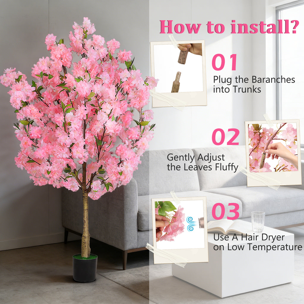 4FT Artificial Cherry Blossom Tree - Faux Pink Sakura Plant with Pot, Fake Flower Tree for Indoor Home, Living Room, Bedroom & Office Decor