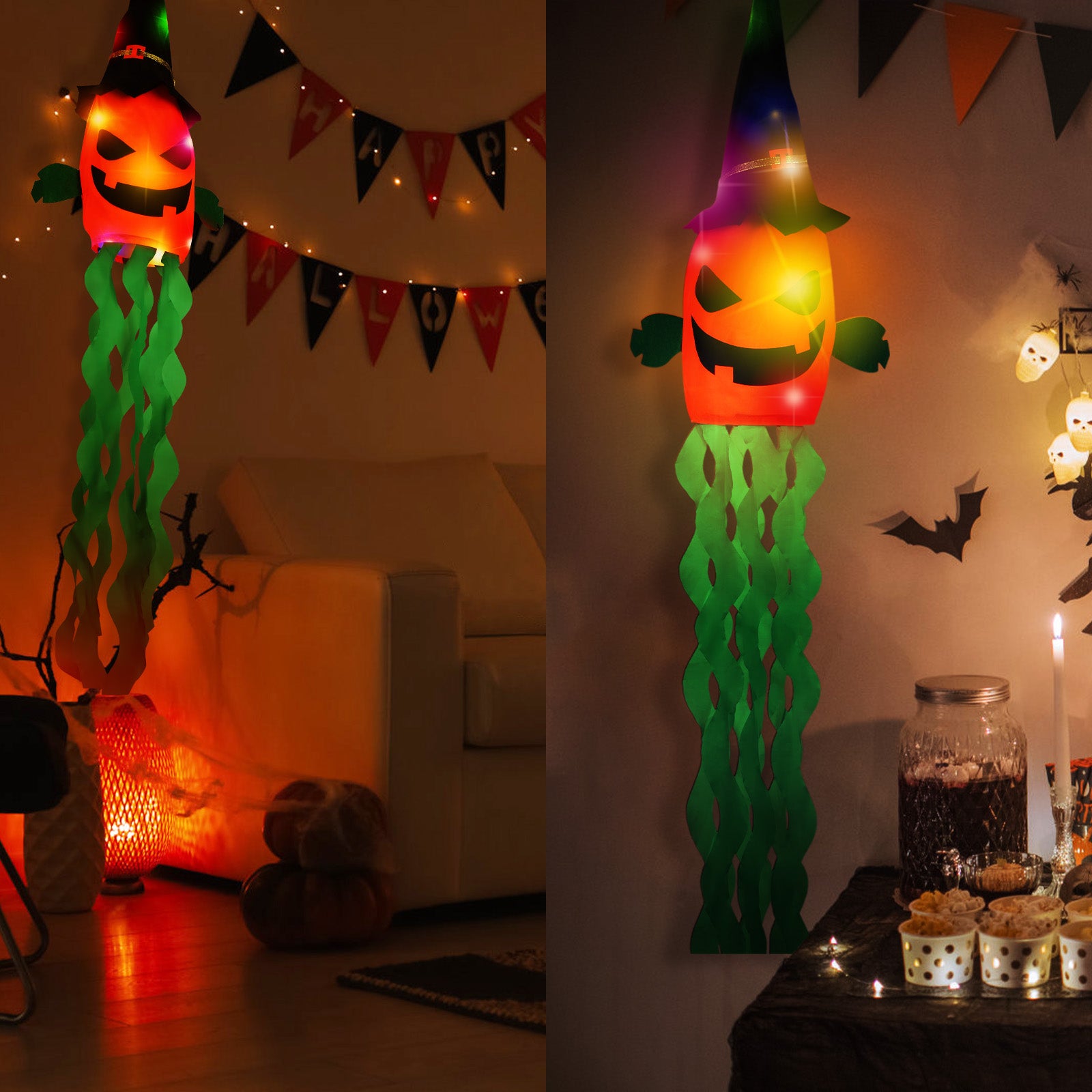 2 Pack Halloween Pumpkin Windsock Decorations, Light Up Hanging Jack-O-Lantern with Witch Hat, 53 Inch Glowing Outdoor Flag for Yard, Porch, Tree, Party Decor