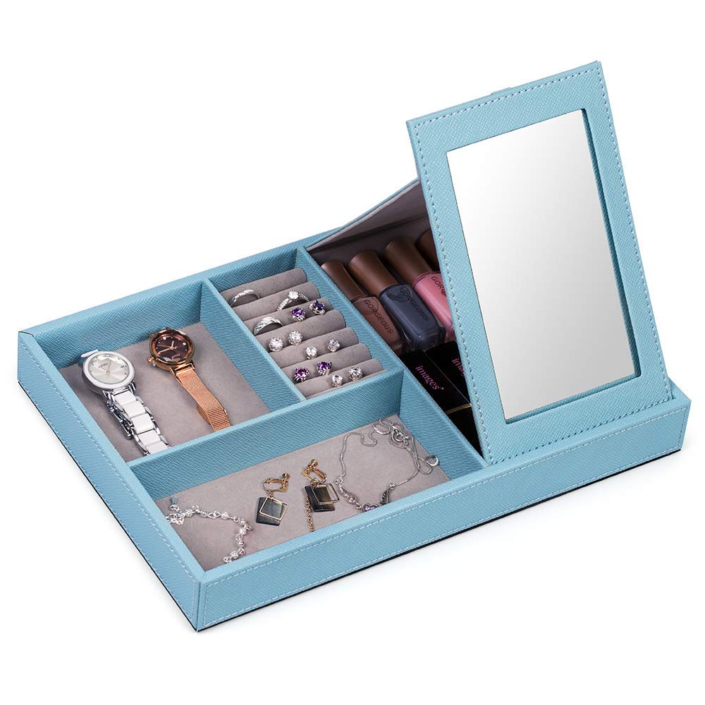 Aqua Blue Leather Jewelry Organizer Box & Display Tray with Built-in Mirror