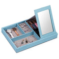 Aqua Blue Leather Jewelry Organizer Box & Display Tray with Built-in Mirror