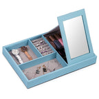 Aqua Blue Leather Jewelry Organizer Box & Display Tray with Built-in Mirror