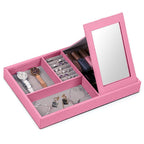Pink Leather Jewelry Organizer Box & Display Tray with Built-in Mirror