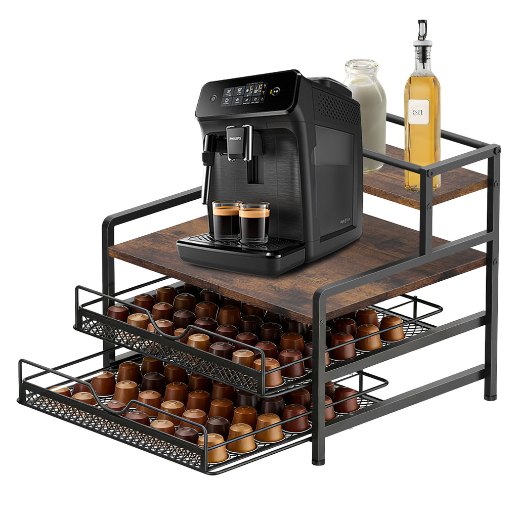 Drawer Stand Capsule Organizer, 2-layer Coffee Bag Holder with Sliding Basket, Suitable for 72 Capacity K-cups, Home Kitchen Counter Organizer, Rustic Brown, Suitable for Home Office Coffee Counter