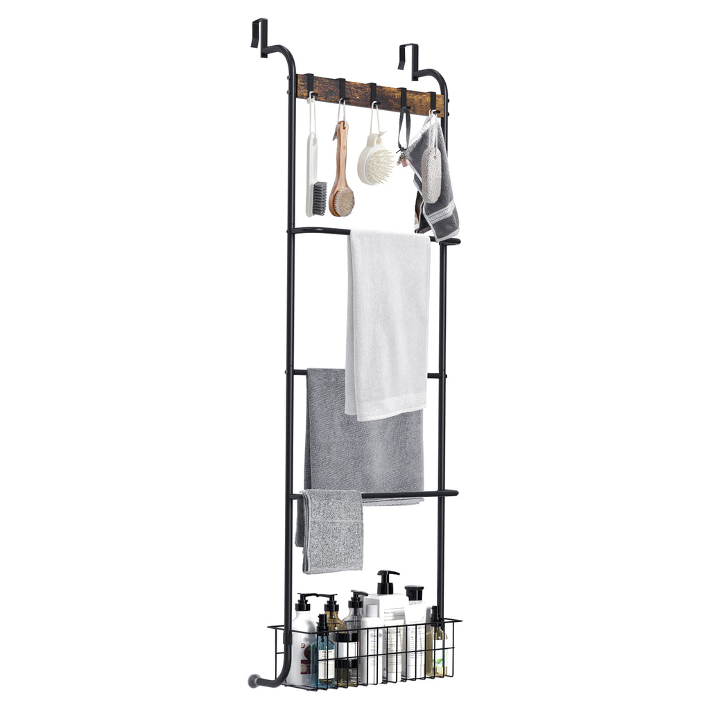 No-Drill Over-the-Door Towel Rack with Storage Basket and Hooks, Black Finish