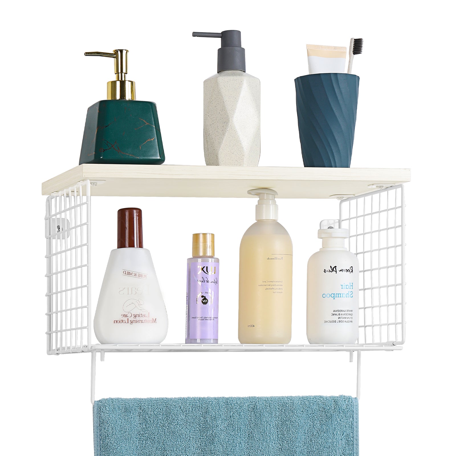 Wall-Mounted Rustic Floating Bathroom Shelves with Integrated Towel Bar and Storage Rack, Black Wood and Metal Over-Toilet Organizer for Kitchen or Bedroom
