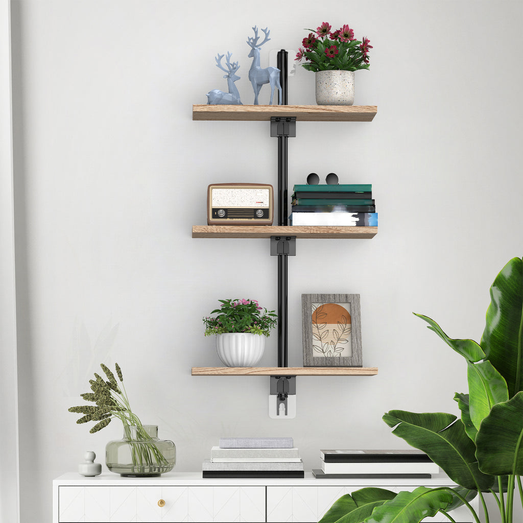 3-Tier Industrial Pipe Shelf, Wall-Mounted Floating Wood Bookshelf for Living Room & Kitchen