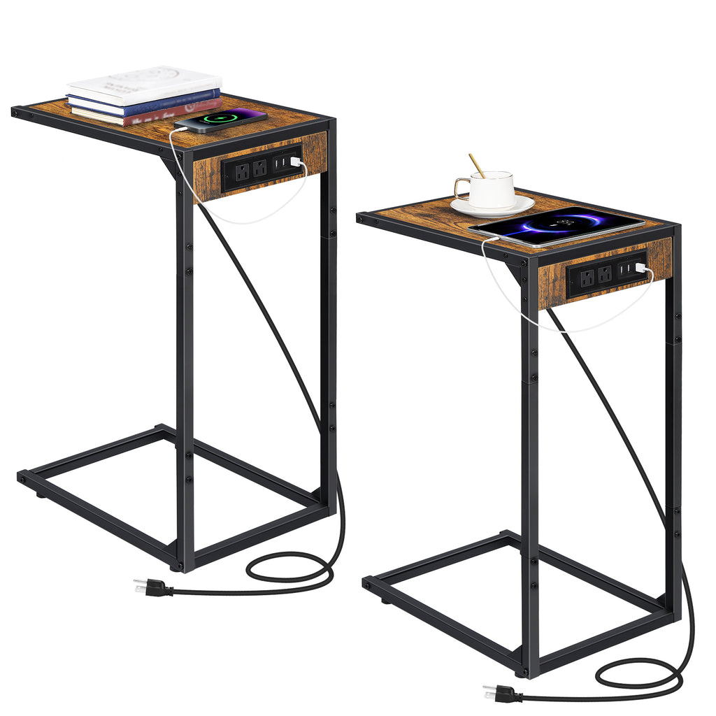 2-Pack C-Shaped Side Tables with Charging Station, USB & Power Outlet Sofa End Tables, Black