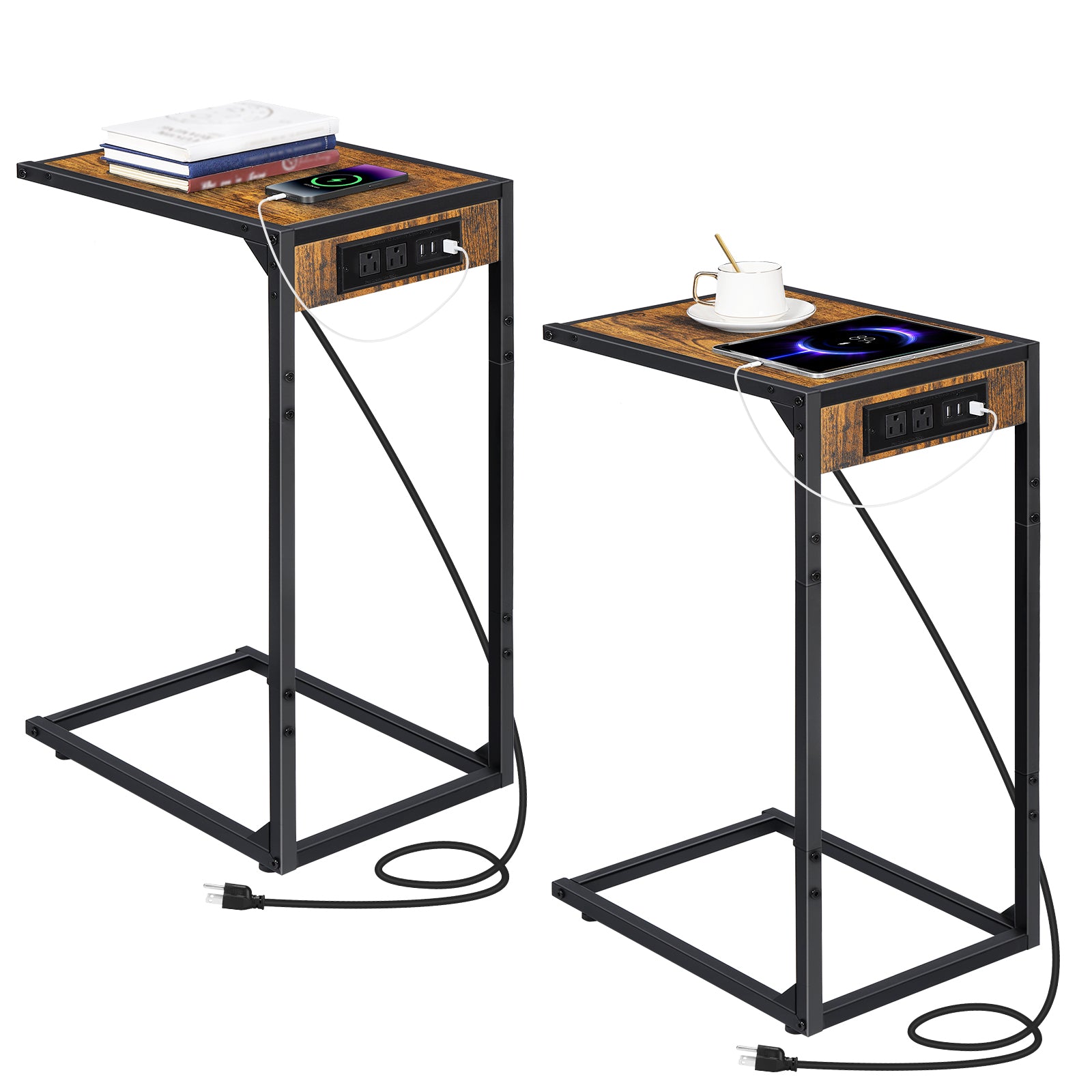 2-Pack C-Shaped Side Tables with Charging Station, USB & Power Outlet Sofa End Tables, Black