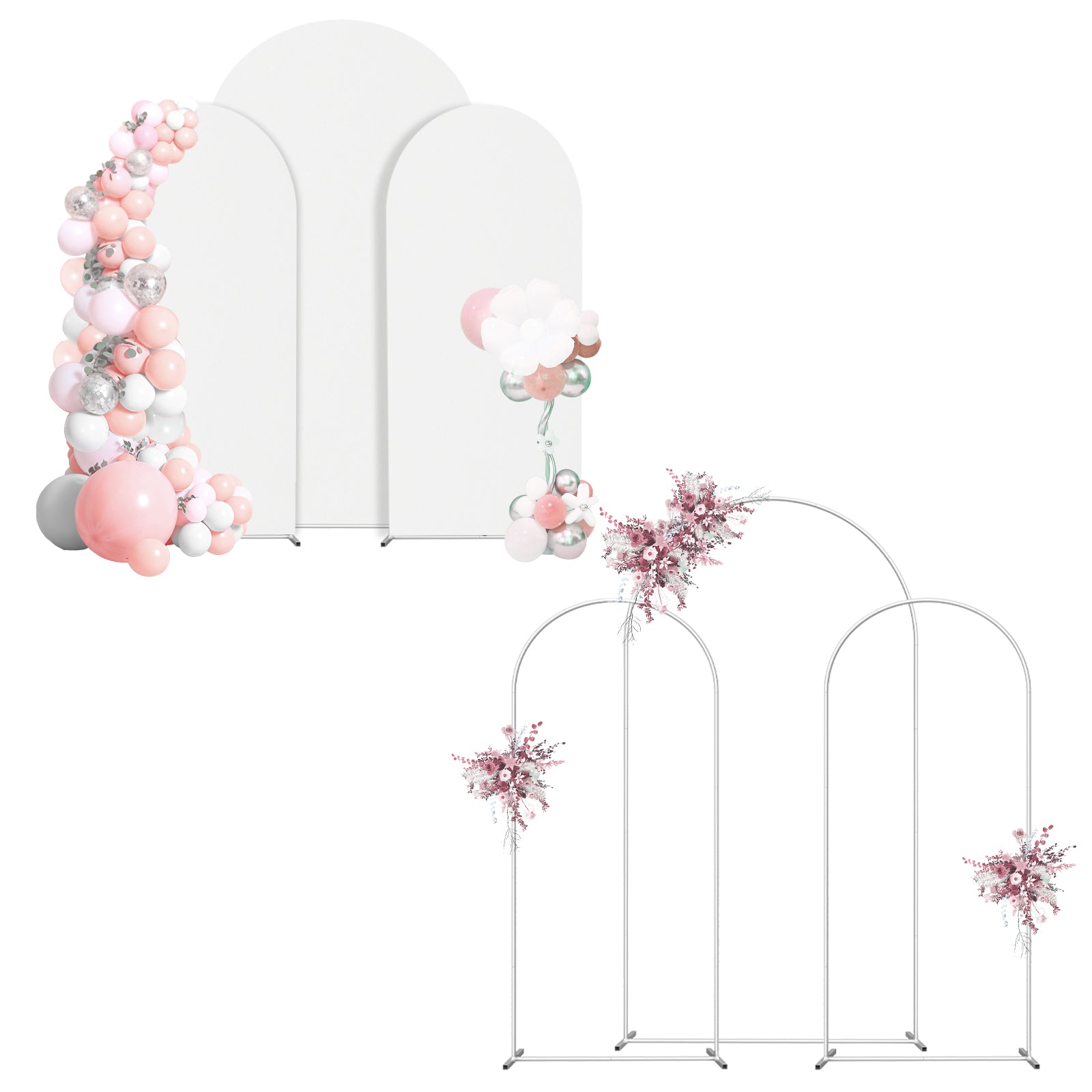 Set of 3 White Arch Backdrop Stands with Covers (7.3FT, 6FT, 6FT) - Metal Frame Kit for Events