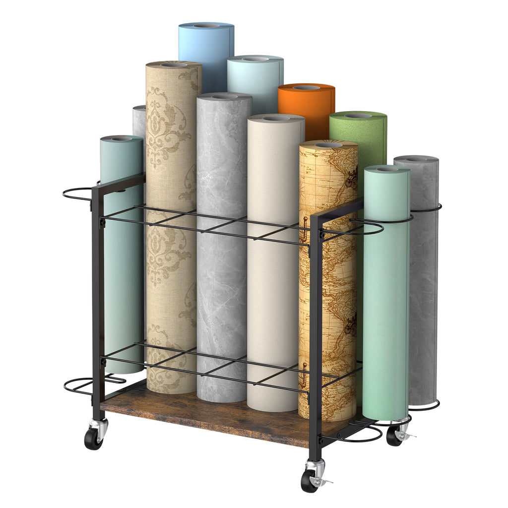 18-Slot Blueprint Storage Rack Cart - Mobile & Lockable Wrapping Paper Holder, Architectural Plans Organizer,