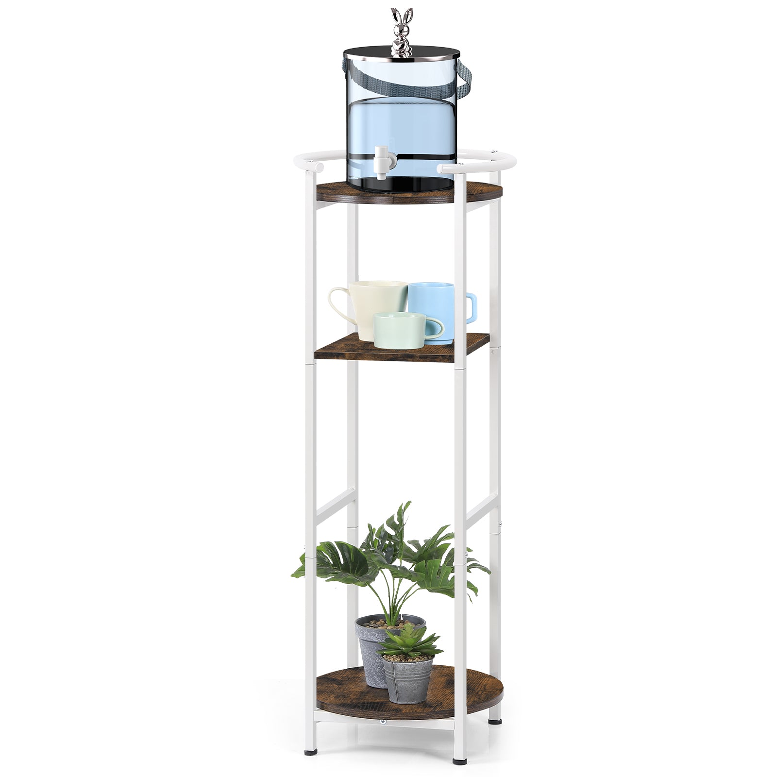 Water Dispenser Stand 5 Gallon - 3-Tier Water Cooler Jug Storage Rack w/ Shelves, Rustic Brown/White