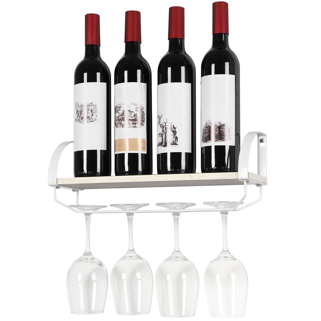 Rustic Wood Wine Rack with Glass Holder ¨C Farmhouse Wall-Mounted Storage Shelf for Kitchen, Pantry, or Bar, Space-Saving Display for Wine Bottles and Stemware, 17 Inch, Wine Bottle Holder