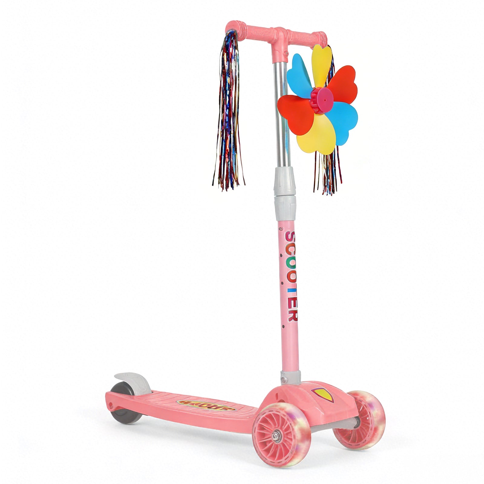3 Wheels Kids Scooter, Adjustable Height Lean-to-Steer Kick Scooter with LED Light-Up Wheels, Windmill & Streamers, Gifts for Toddlers Boys Girls 3-5 Years Old, Pink
