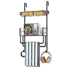 Over-the-Door Towel Rack with Storage Basket, No-Drill Hanging Organizer with Hooks for Bathroom, Kitchen, RV & Camper, White