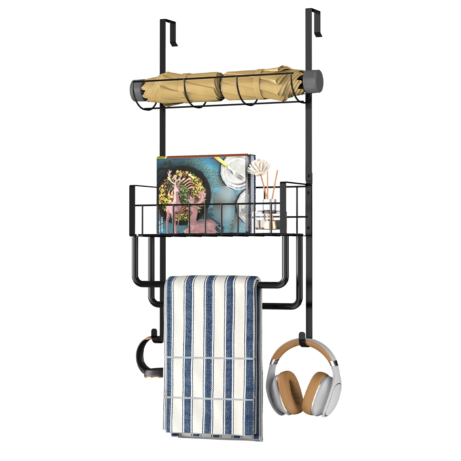 Over-the-Door Towel Rack with Storage Basket, No-Drill Hanging Organizer with Hooks for Bathroom, Kitchen, RV & Camper, White