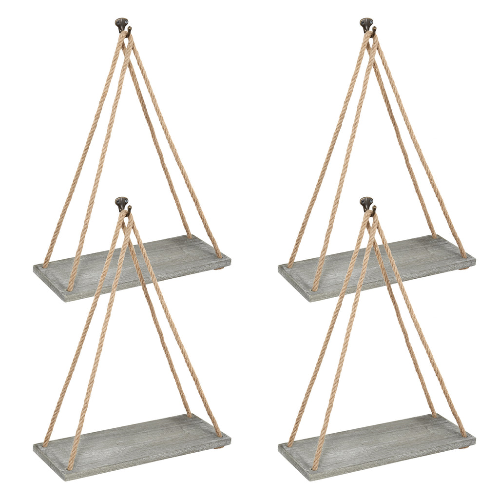 Set of 4 Olive Green Wall-Mounted Rope Swing Shelves - Floating Wooden Hanging Displays for Indoor Plants, Books, and Decorative Home Accents