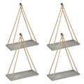 Set of 4 Olive Green Wall-Mounted Rope Swing Shelves - Floating Wooden Hanging Displays for Indoor Plants, Books, and Decorative Home Accents